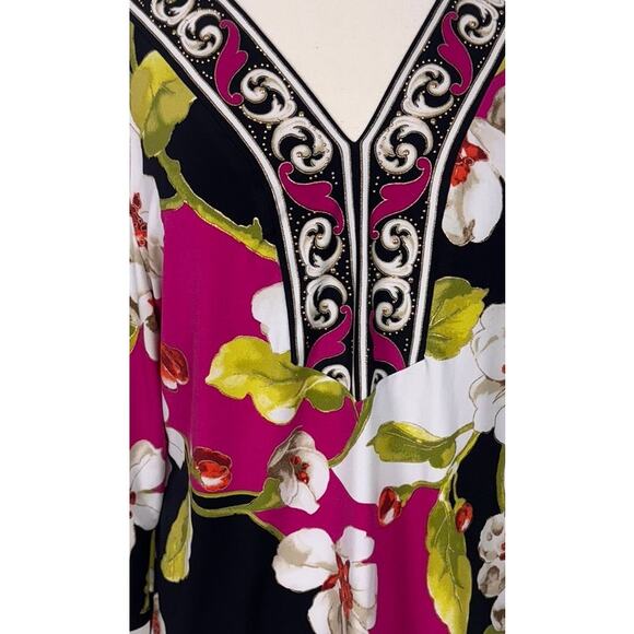 JM Collection Large V Neck Blouse 3/4 Sleeve Polyester Spandex Pink Black Green - Picture 2 of 7